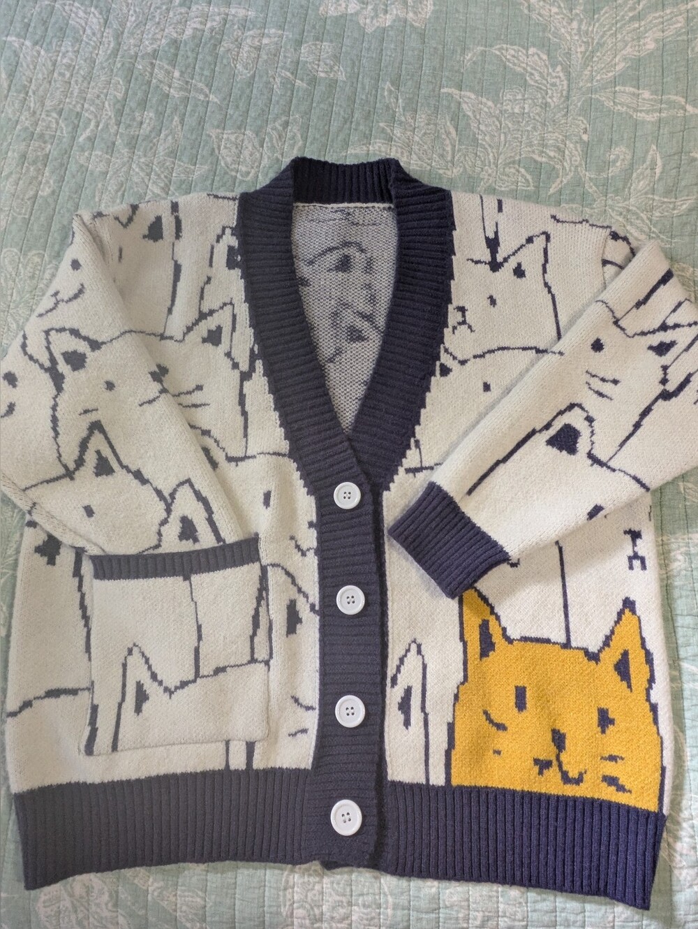 White & Navy Cat Pattern Cardigan Sweater. Button Front. Size M
